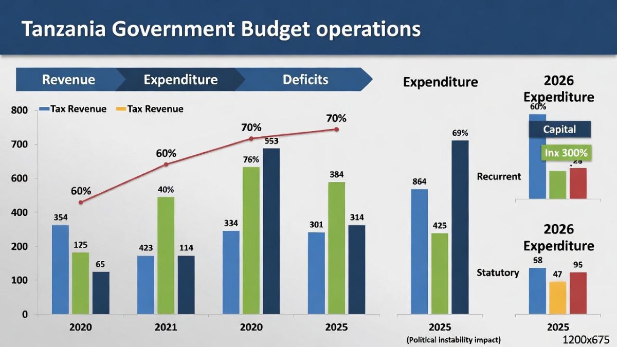 Tanzania’s fiscal path shows strong revenues from 2020–2025 but faces a perfect storm of political instability, reduced development space, and a looming 27–30% deficit in 2026